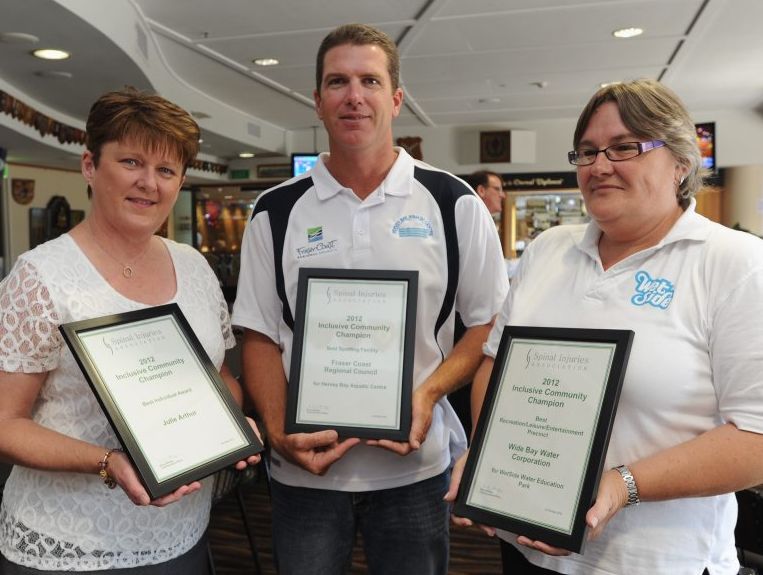 Spinal Injuries Assoc - award winners (L) Julie Arthur (individual award), Paul Jones (Hervey Bay Aquatic Centre) and Deb Lange (Wide Bay Water for WetSide). Photo: Alistair Brightman / Fraser Coast Chronicle