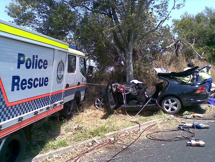 TWO people were trapped after this car left Duncans Rd at Numulgi and crashed into a tree about noon, Saturday, October 20. TWO people were trapped after this car left Duncans Rd at Numulgi and crashed into a tree about noon, Saturday, October 20.