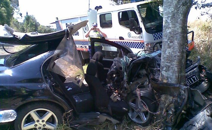TWO people were trapped after this car left Duncans Rd at Numulgi and crashed into a tree about noon, Saturday, October 20. TWO people were trapped after this car left Duncans Rd at Numulgi and crashed into a tree about noon, Saturday, October 20.