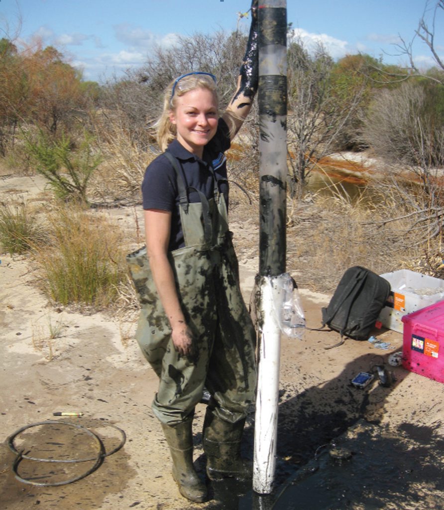 Bree Morgan, a joint SCU-University of WA PhD candidate, collecting monosulfidic black ooze (MBO) from the Peel Harvey estuary in Western Australia Bree Morgan, a joint SCU-University of WA PhD candidate, collecting monosulfidic black ooze (MBO) from the Peel Harvey estuary in Western Australia