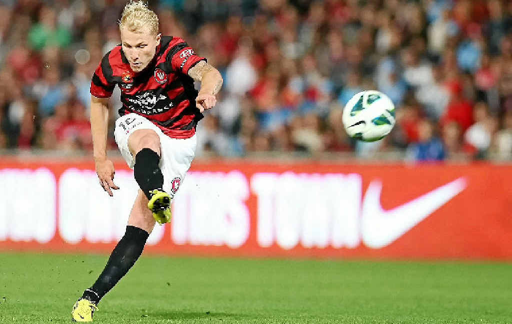 PLAYMAKER: Wanderers midfielder Aaron Mooy takes a shot at goal in last Saturday night’s Sydney derby. PLAYMAKER: Wanderers midfielder Aaron Mooy takes a shot at goal in last Saturday night’s Sydney derby.