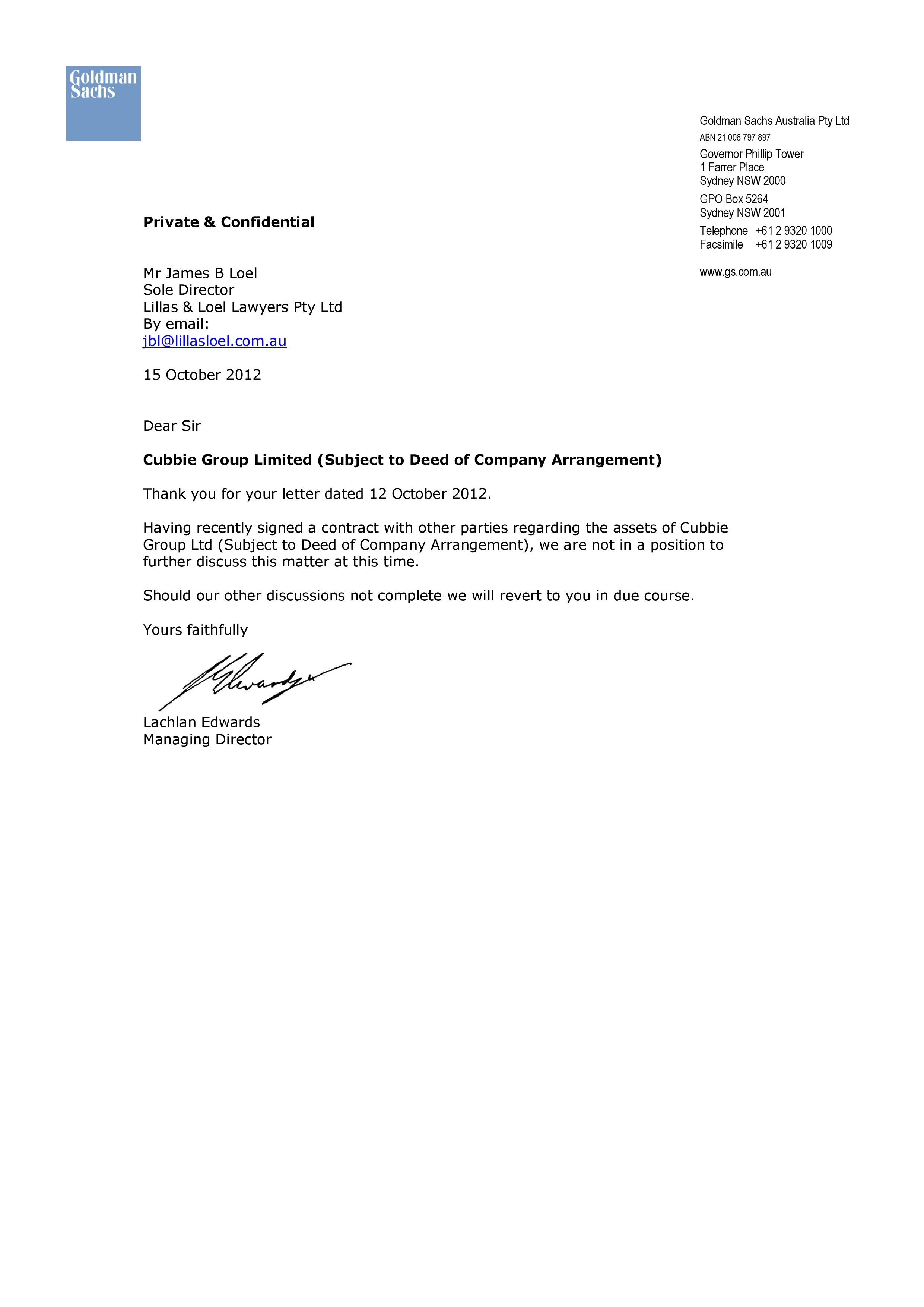 NOT INTERESTED: Goldman Sachs Australia managing director Lachlan Edwards tells James Loel a contract for Cubbie Station's purchase has been NOT INTERESTED: Goldman Sachs Australia managing director Lachlan Edwards tells James Loel a contract for Cubbie Station's purchase has been