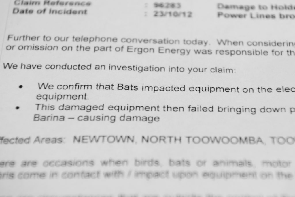 A letter from Ergon Energy stating that Sherrin Mann had her car scratched and damaged when a bat caused a electrical power line to fall. A letter from Ergon Energy stating that Sherrin Mann had her car scratched and damaged when a bat caused a electrical power line to fall.
