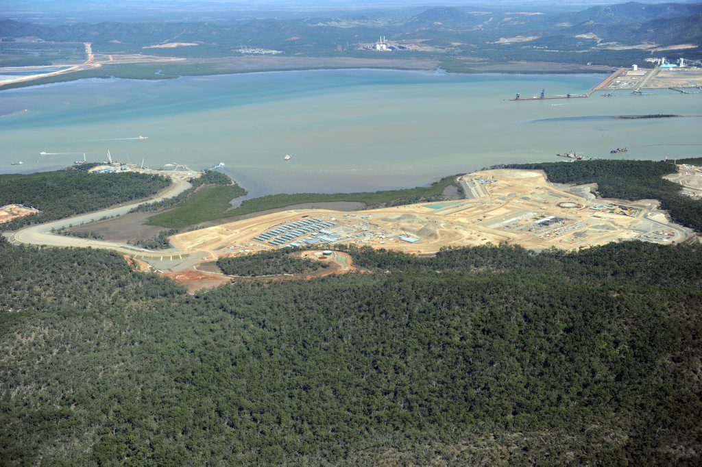 AN aerial view of the QCLNG site on Curtis Island. AN aerial view of the QCLNG site on Curtis Island.