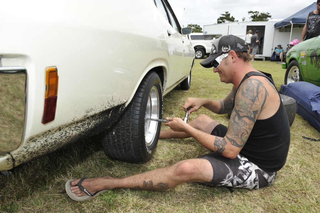 Image for sale: READY TO GO: Brett Kiernan changes his tyres for the dyno run at the Dyno Day held at the Alloway Country Club. Photo: Mike Knott / NewsMail