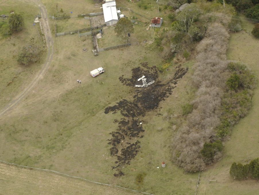 An aerial photo of the scene of a light airplane crash at South Gundurimba, south of Lismore, where two people have died. Photo: Doug Eaton / The Northern An aerial photo of the scene of a light airplane crash at South Gundurimba, south of Lismore, where two people have died. Photo: Doug Eaton / The Northern