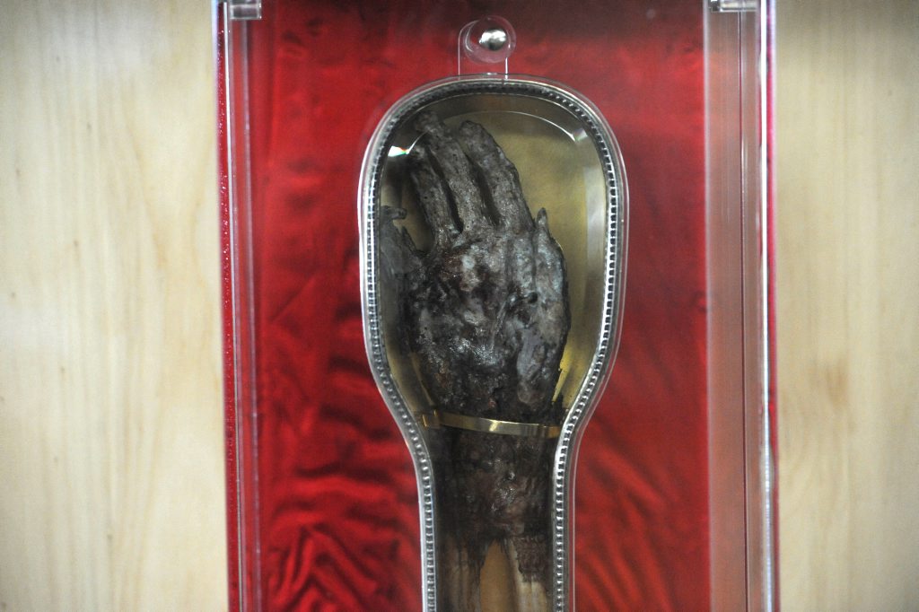 The right forearm of the Saint Francis Xavier at Saint Francis Xavier Church Montmorency in Melbourne, Tuesday, Oct. 9, 2012. The forearm which is claimed to have belonged to the Saint Francis Xavier who died in 1552 is currently touring Australia. The right forearm of the Saint Francis Xavier at Saint Francis Xavier Church Montmorency in Melbourne, Tuesday, Oct. 9, 2012. The forearm which is claimed to have belonged to the Saint Francis Xavier who died in 1552 is currently touring Australia.