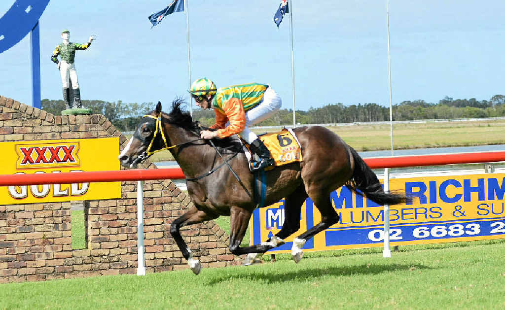 SECOND WINNER: Mini Delago, ridden by Ben Looker, completes a winning double for Lismore trainer Peter Youngberry by taking out the Slipway Hotel Movember Benchmark 65 Handicap (1300m) at the Ballina TAB meeting yesterday. SECOND WINNER: Mini Delago, ridden by Ben Looker, completes a winning double for Lismore trainer Peter Youngberry by taking out the Slipway Hotel Movember Benchmark 65 Handicap (1300m) at the Ballina TAB meeting yesterday.