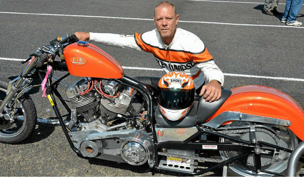 Mark “Frog” Woods is ready to race in the nostalgia bike class at the Warwick Dragway. Mark “Frog” Woods is ready to race in the nostalgia bike class at the Warwick Dragway.