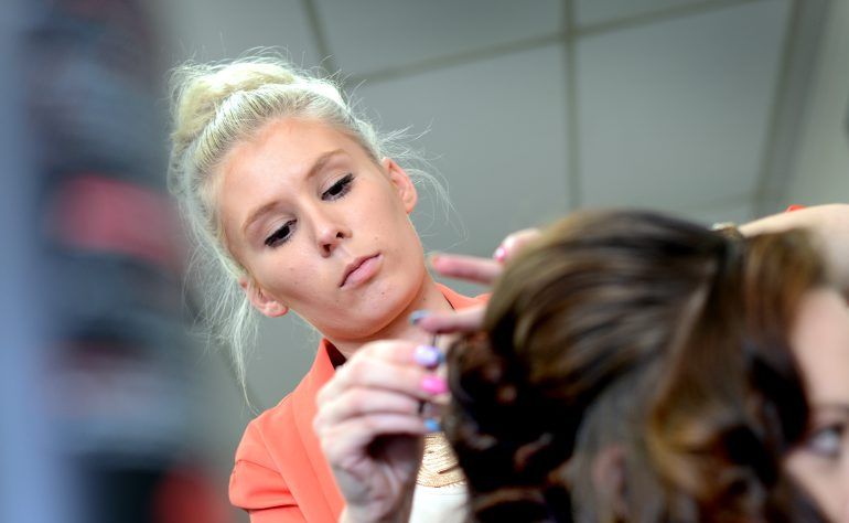 Hairdresser Tash Cox styling Hannah Richards hair. Hairdresser Tash Cox styling Hannah Richards hair.