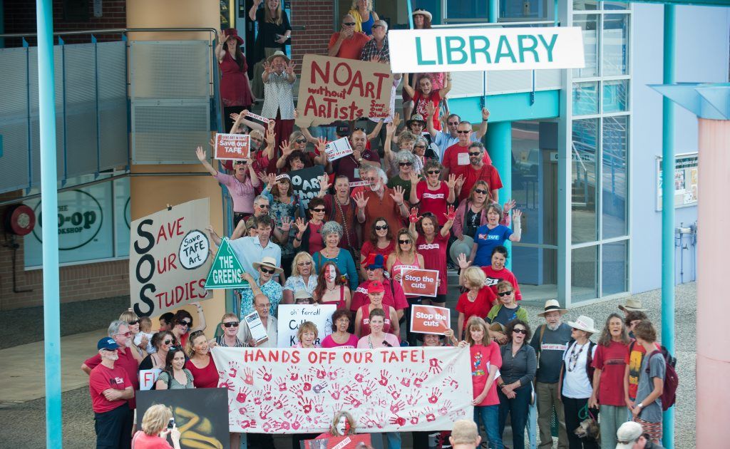 One hundred students protested proposed budget cuts to arts courses in TAFEs at Coffs Harbour Education Campus. Photo: Rob Wright/ The Coffs Coast Advocate One hundred students protested proposed budget cuts to arts courses in TAFEs at Coffs Harbour Education Campus. Photo: Rob Wright/ The Coffs Coast Advocate