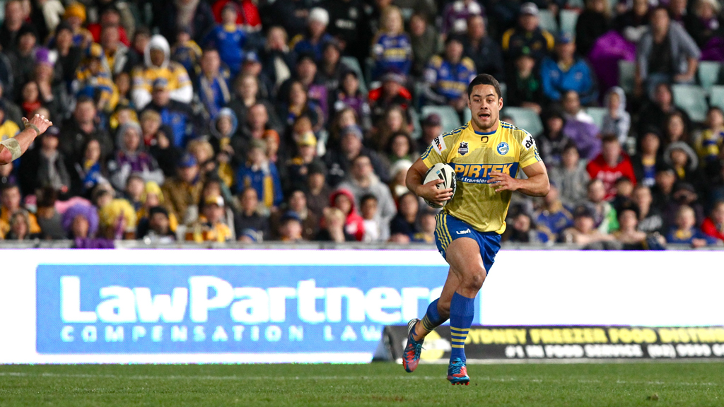 Parramatta fullback Jarryd Hayne with the ball in the Round 20 National Rugby League clash against the Melbourne Storm. Parramatta fullback Jarryd Hayne with the ball in the Round 20 National Rugby League clash against the Melbourne Storm.