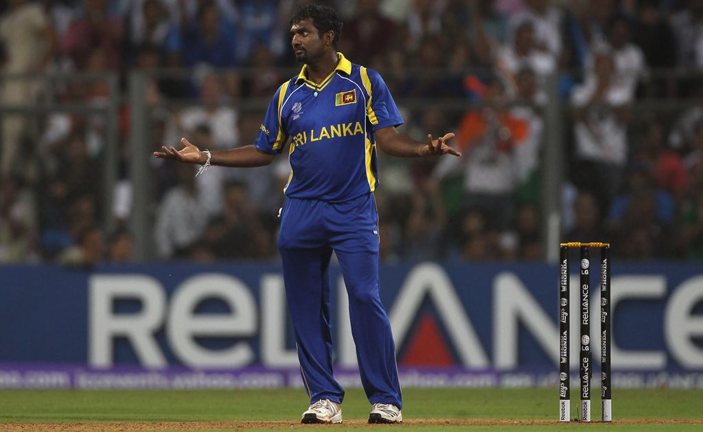 Muttiah Muralitharan of Sri Lanka gestures after a fielding mistake during the 2011 ICC World Cup Final between India and Sri Lanka at the Wankhede Stadium on April 2, 2011 in Mumbai, India. Muttiah Muralitharan of Sri Lanka gestures after a fielding mistake during the 2011 ICC World Cup Final between India and Sri Lanka at the Wankhede Stadium on April 2, 2011 in Mumbai, India.