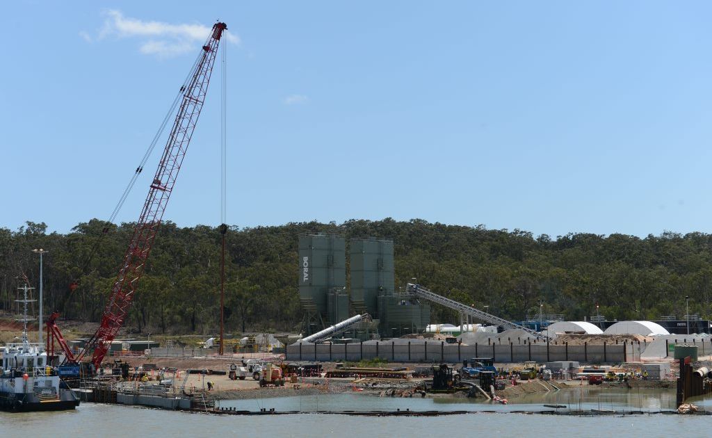 Construction at the GLNG project site on Curtis Island. Construction at the GLNG project site on Curtis Island.