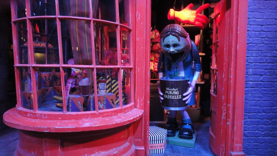 Jessie Gretener enjoys a tour of the Harry Potter movie studio outside London, featuring the Weasley brothers' shop in Diagon Alley. Jessie Gretener enjoys a tour of the Harry Potter movie studio outside London, featuring the Weasley brothers' shop in Diagon Alley.