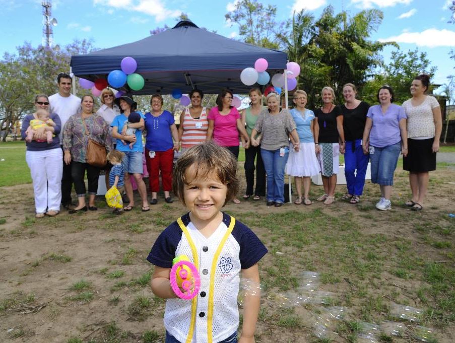Reagan Duroux, 4, plays with a bubble blower at Market Square as parents and members of support networks gather in unity to raise awareness of ante and postnatal depression. Photo: JoJo Newby / The Daily Examiner