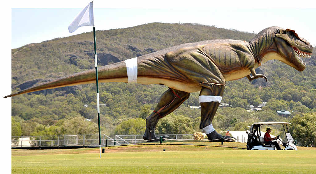 Jeff the tyrannosaurus rex towers over golfers at Palmer Coolum Resort. Clive Palmer has plans for 149 more just like him. Jeff the tyrannosaurus rex towers over golfers at Palmer Coolum Resort. Clive Palmer has plans for 149 more just like him.