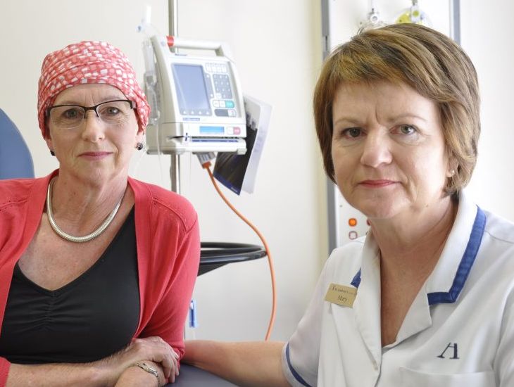 Toowoomba chemotherapy patient Susie Gibson (left) chats with St Andrews Hospital medical oncology centre clinical nurse manager Mary Kelsey. 