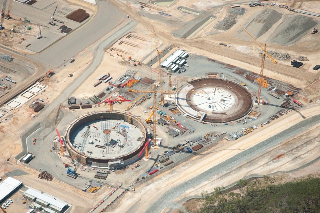Two huge LNG tanks are under construction on Curtis Island, Gladstone. Two huge LNG tanks are under construction on Curtis Island, Gladstone.