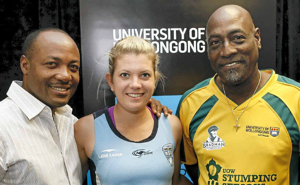 Grafton’s Kara Sutherland (centre) separates West Indian cricketing legends Brian Lara (left) and Vivian Richards (right) after their invitational match over the weekend. Grafton’s Kara Sutherland (centre) separates West Indian cricketing legends Brian Lara (left) and Vivian Richards (right) after their invitational match over the weekend.