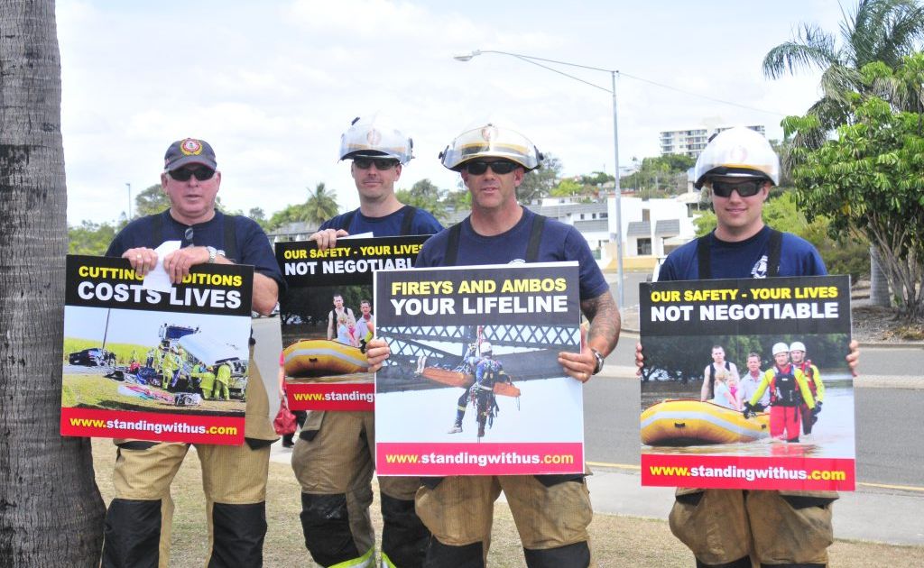(L-R) Queensland Fire and Rescue Service Gladstone firefighters Harry Tattersall, Justin Corry, Mark Erridge and Josh Harrison at a past protest. (L-R) Queensland Fire and Rescue Service Gladstone firefighters Harry Tattersall, Justin Corry, Mark Erridge and Josh Harrison at a past protest.