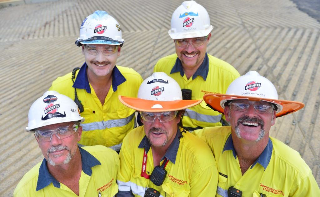 QCLNG Movember participants (from back left) Simon Smith, Paul Farcich, (front) Greg Kendal, Aaron Markham and James Whitworth on Curtis Island. QCLNG Movember participants (from back left) Simon Smith, Paul Farcich, (front) Greg Kendal, Aaron Markham and James Whitworth on Curtis Island.
