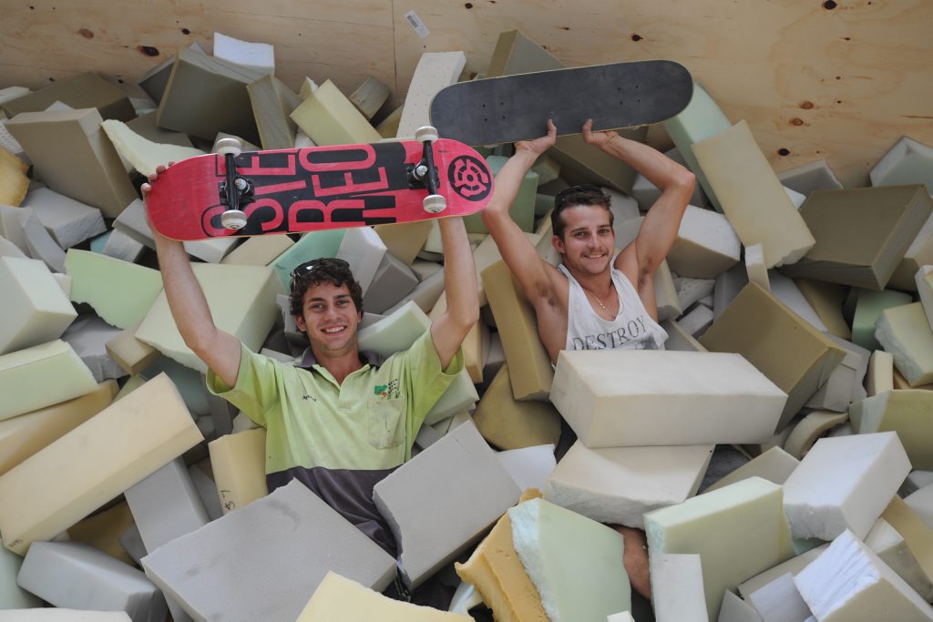 Taking a break from building at the Rock Off Indoor Park, local tradies Michael Bentley and Jesse Ayers relax in the foam pit where skateboard, scooter and BMX riders will land when the park opens in December. Taking a break from building at the Rock Off Indoor Park, local tradies Michael Bentley and Jesse Ayers relax in the foam pit where skateboard, scooter and BMX riders will land when the park opens in December.