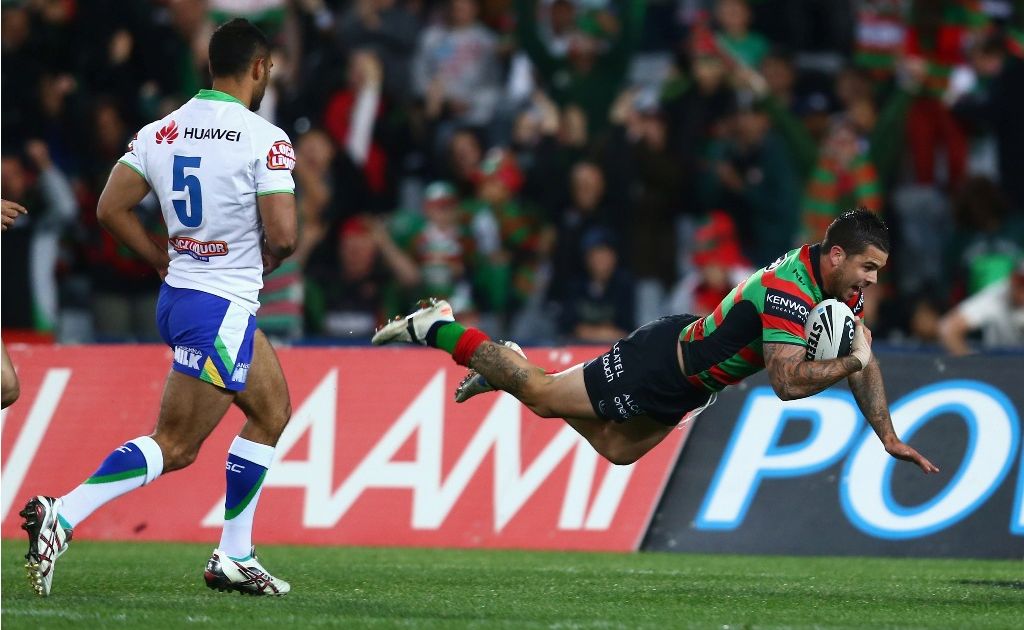 Adam Reynolds of the Rabbitohs scores a try during the NRL Semi Final match between the South Sydney Rabbitohs and the Canberra Raiders at ANZ Stadium on September 15, 2012. Adam Reynolds of the Rabbitohs scores a try during the NRL Semi Final match between the South Sydney Rabbitohs and the Canberra Raiders at ANZ Stadium on September 15, 2012.