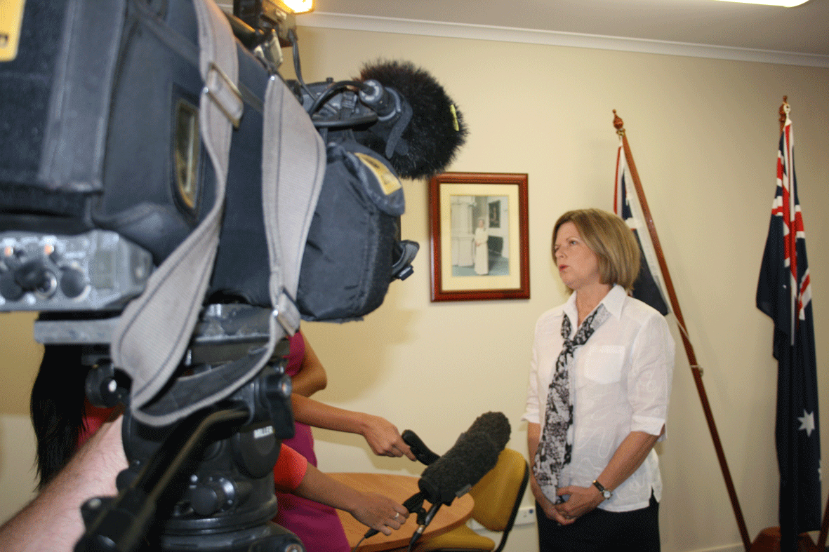 FACING THE MEDIA: Mayor Jennifer Whitney at a press conference in Proserpine on Tuesday to discuss the spending of money on flood-damaged roads.
FACING THE MEDIA: Mayor Jennifer Whitney at a press conference in Proserpine on Tuesday to discuss the spending of money on flood-damaged roads.