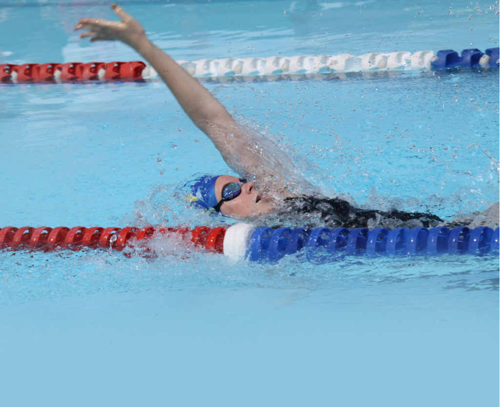 Lucy Connolly contests a backstroke event during the final hit out by the Gold Fins Swim Club. Lucy Connolly contests a backstroke event during the final hit out by the Gold Fins Swim Club.