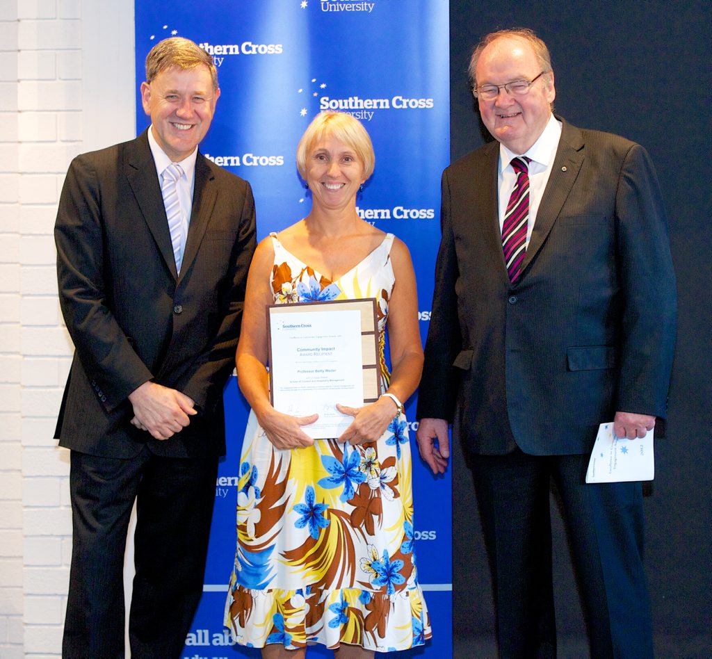 Excellence in Community Engagement Awards. Photo: SCU Vice Chancellor Professor Peter Lee, left, Professor Betty Weiler and SCU Chancellor The Hon John Dowd AO QC. Excellence in Community Engagement Awards. Photo: SCU Vice Chancellor Professor Peter Lee, left, Professor Betty Weiler and SCU Chancellor The Hon John Dowd AO QC.