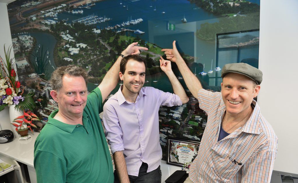 Sean Mee (director), David Burton (writer) and Scott Saunders (composer) pointing to the location at the Gladstone Marina where the QMF Gladstone Musical Theatre Event will take place in July 2013. Sean Mee (director), David Burton (writer) and Scott Saunders (composer) pointing to the location at the Gladstone Marina where the QMF Gladstone Musical Theatre Event will take place in July 2013.