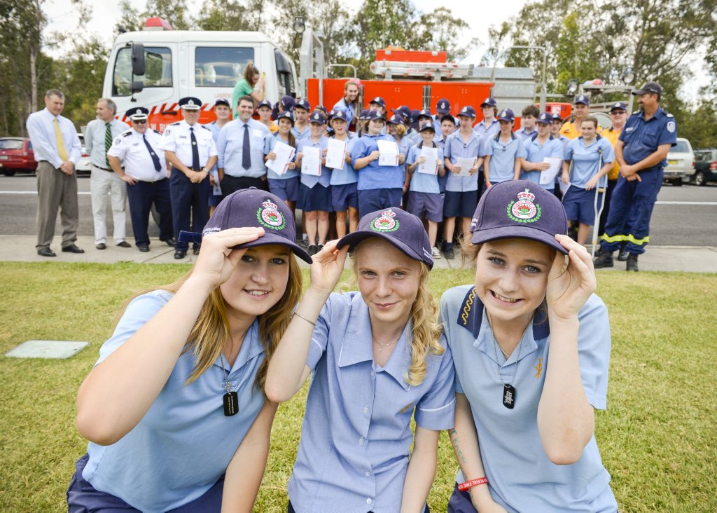 Image for sale: Katie Clarke, Claire Bridge and Taylah Mayberry - three of the 35 year 9 students at CVAS that completed the RFS Cadet training program. Photo Adam Hourigan / The Daily Examiner