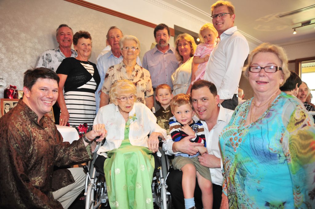 Image for sale: Monica Guy (seated, centre), said to be the oldest Sunshine Coast resident, celebrates her 106th birthday with family and friends at Flaxton Gardens, Flaxton. Photo:Iain Curry / Sunshine Coast Daily