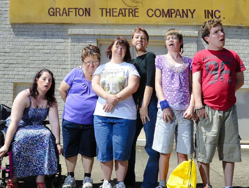 RAISING THE ROOF: Caringa My Life Glee Club show at the Pelican Playhouse raised money, which will be put toward installing a ramp into the theatre. From left: Kellie Goodwin, Mel Tarrant, Annie Hayward, Pelican Playhouse’s Rainey Hillas, Kayla Hambly and Jamie Llewellyn. INSET: A scene from the play. Photo: JoJo Newby
