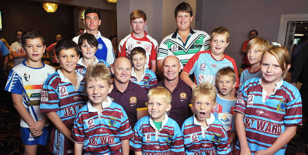 Former Brisbane Broncos players Kerrod Walters and Allan Langer with Ipswich junior rugby league players at the historic announcement. Former Brisbane Broncos players Kerrod Walters and Allan Langer with Ipswich junior rugby league players at the historic announcement.