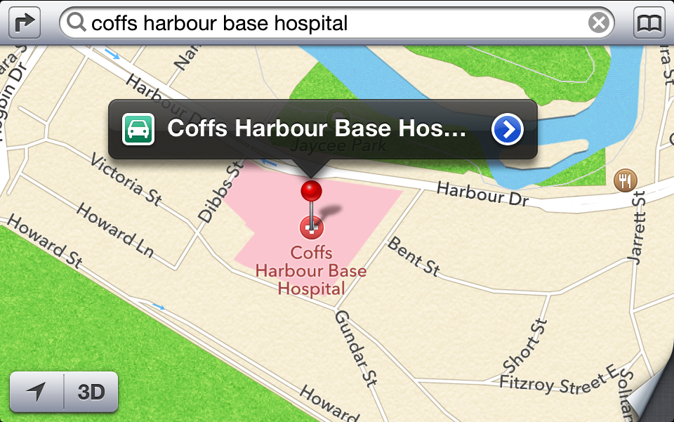 Apple's new Iphone mapping app lists the former Coffs Harbour Base Hospital site. Apple's new Iphone mapping app lists the former Coffs Harbour Base Hospital site.