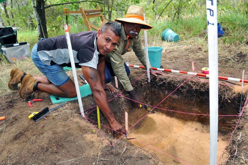 HISTORIC DIG: Traditional custodians from Gurang Gurang Everett Johnson and Edward Terare are proud to work with the Skyringville Shell Midden Archaeological Group at the test pit where fascinating indigenous artefacts are being unearthed. Photo: Max Fleet / NewsMail HISTORIC DIG: Traditional custodians from Gurang Gurang Everett Johnson and Edward Terare are proud to work with the Skyringville Shell Midden Archaeological Group at the test pit where fascinating indigenous artefacts are being unearthed. Photo: Max Fleet / NewsMail