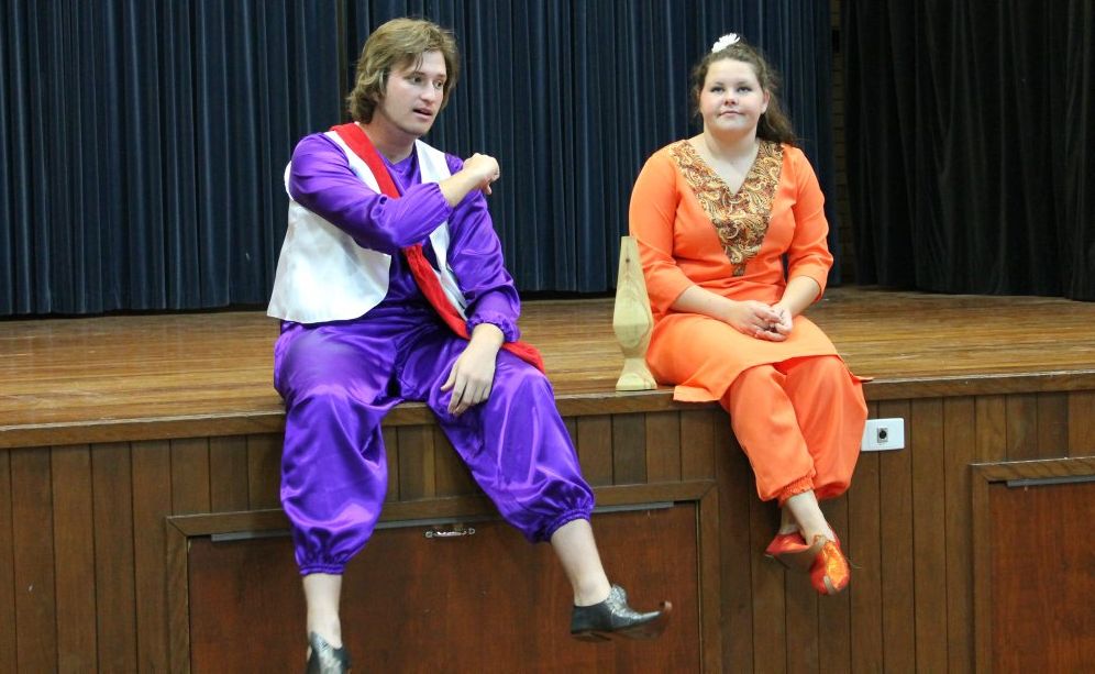 Gavin Bolderrow, playing Aladdin, and Emily Tighe, playing Saffron, with the magic lava lamp. Gavin Bolderrow, playing Aladdin, and Emily Tighe, playing Saffron, with the magic lava lamp.