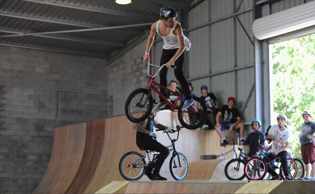 Sean Harvey keeps his eye on the foam pit where he will crash land on the opening day of the new skate park in Hervey Bay. Sean Harvey keeps his eye on the foam pit where he will crash land on the opening day of the new skate park in Hervey Bay.