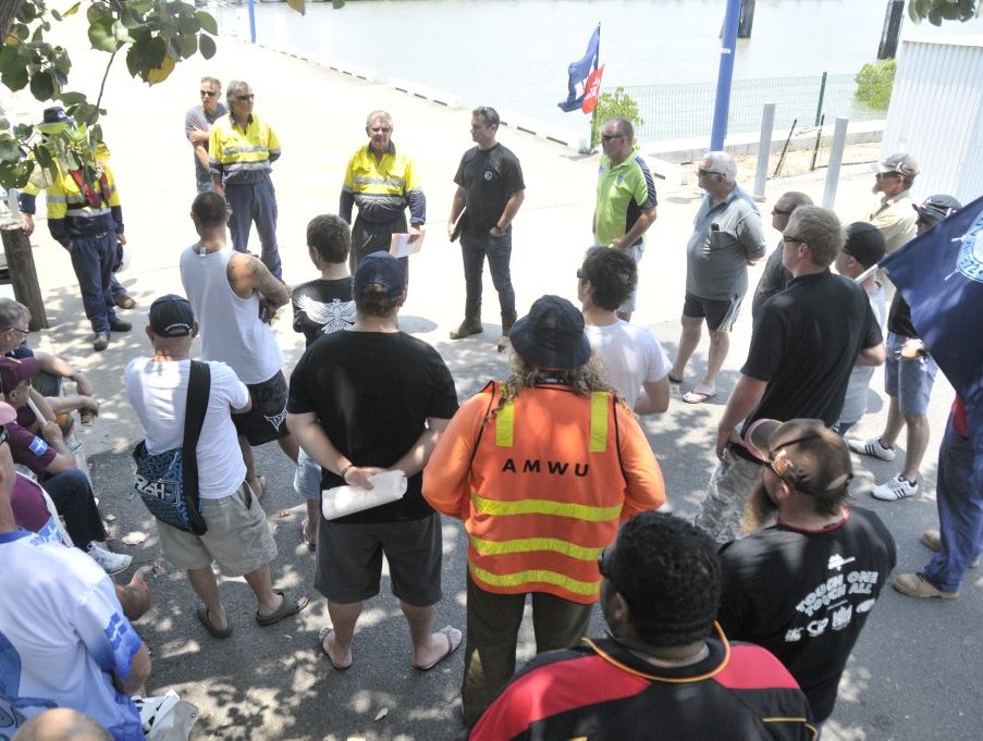 The Maritime Workers Union members, and other workers, held a rally at Gladstone Marina to protest 28 redundancies in tug-barge operations for Bechtel on the APLNG project. The Maritime Workers Union members, and other workers, held a rally at Gladstone Marina to protest 28 redundancies in tug-barge operations for Bechtel on the APLNG project.