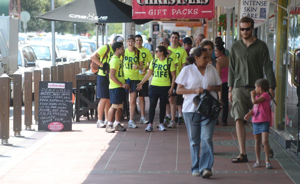 Pro Life adovcates Chris Da Silva, John Smiht, Frances Hopkins, Andrew Ris-Ringo, James Leach, Angela Schumann and Nirjana Nihoc came through Lismore on their walk to 1600km walk to Sydney. Photo Marc Stapelberg / The Northern Star Pro Life adovcates Chris Da Silva, John Smiht, Frances Hopkins, Andrew Ris-Ringo, James Leach, Angela Schumann and Nirjana Nihoc came through Lismore on their walk to 1600km walk to Sydney. Photo Marc Stapelberg / The Northern Star