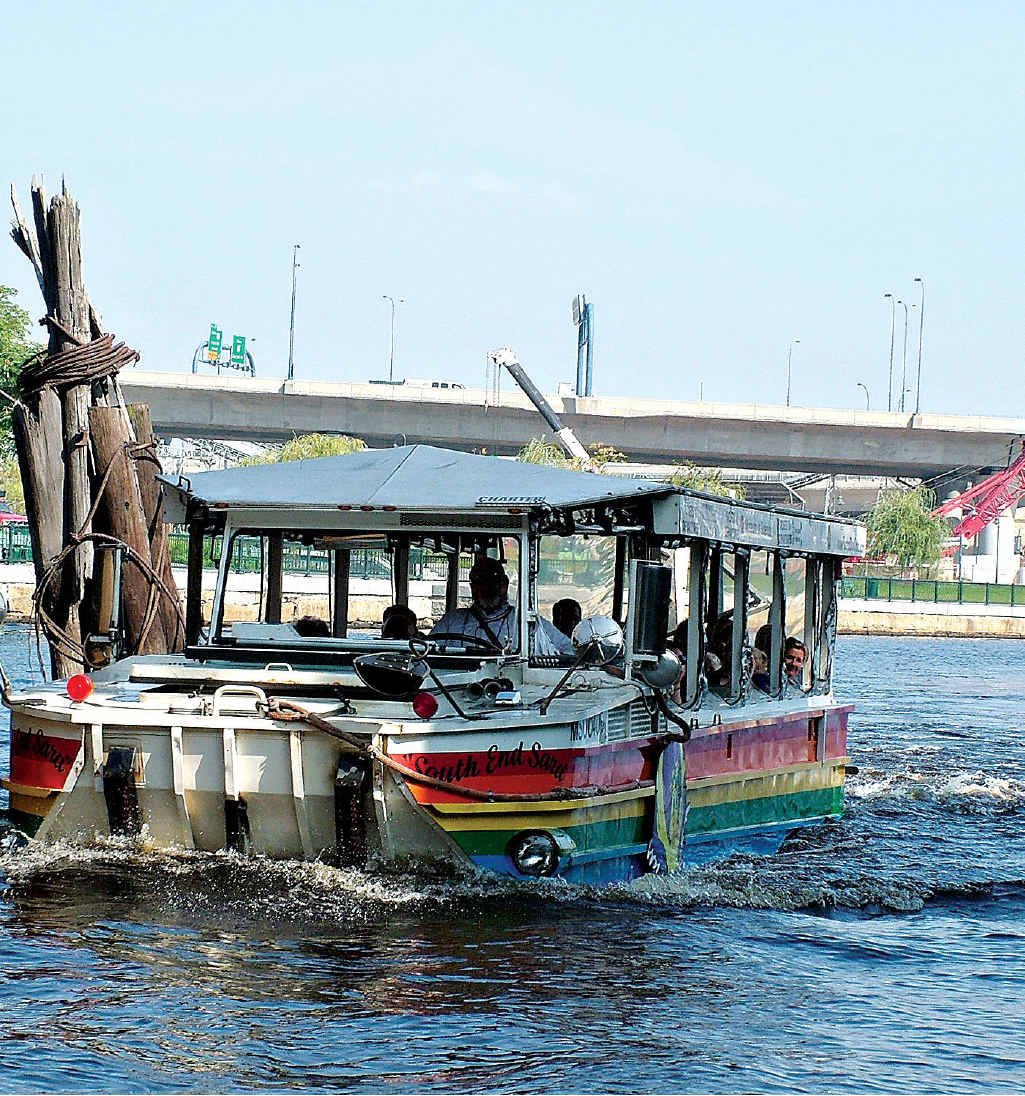 The iconic Boston Duck tour takes in views of the city and Cambridge from the water. The iconic Boston Duck tour takes in views of the city and Cambridge from the water.