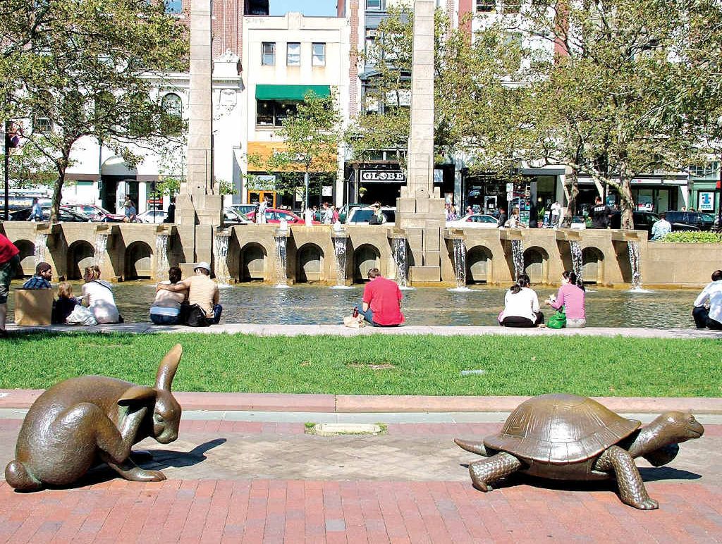 The tortoise and the hare statues in Copley Park: tributes to the world's oldest marathon footrace. The tortoise and the hare statues in Copley Park: tributes to the world's oldest marathon footrace.