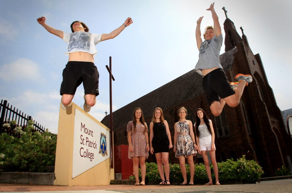 Image for sale: Martin Rose and Callum Inksetter jump for joy as Maddison Sherrah, Mairead Geray, Gaia Herrmann and Mikayla Mongan watch on. Photo: Blainey Woodham / Daily News