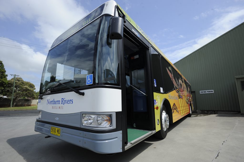 The Northern Rivers Buslines bus that has been adorned with Aboriginal artwork by North Coast Institute of TAFE students. The Northern Rivers Buslines bus that has been adorned with Aboriginal artwork by North Coast Institute of TAFE students.
