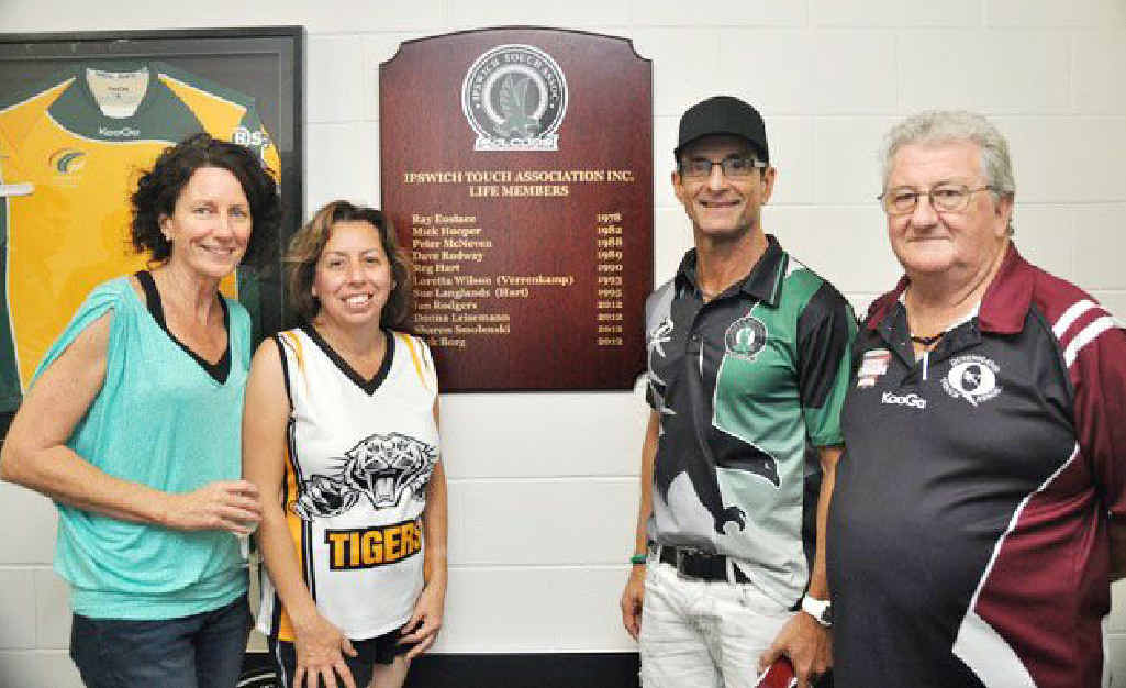 SUPERB SERVICE: Ipswich Touch Association’s latest life members Donna Leisemann, Sharon Smolenski, Rick Borg and Ian Rodgers. Above: Rick Borg was surprised but proud to have his name added to the honour board. SUPERB SERVICE: Ipswich Touch Association’s latest life members Donna Leisemann, Sharon Smolenski, Rick Borg and Ian Rodgers. Above: Rick Borg was surprised but proud to have his name added to the honour board.