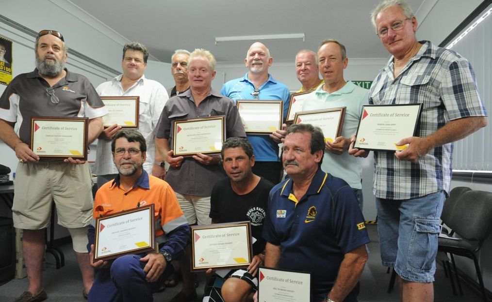 The Aurizon depot, formerly Queensland Rail, at Maryborough West said goodbye to 14 workers yesterday who took voluntary redundancies. They were farewelled with a certificate of service and a gold watch engraved with their years of service. The Aurizon depot, formerly Queensland Rail, at Maryborough West said goodbye to 14 workers yesterday who took voluntary redundancies. They were farewelled with a certificate of service and a gold watch engraved with their years of service.