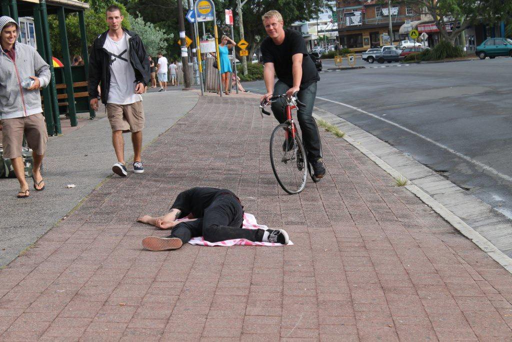 This sleepy reveller could not be roused in Jonson St, Byron Bay this morning. Photo: Sue Gardiner This sleepy reveller could not be roused in Jonson St, Byron Bay this morning. Photo: Sue Gardiner