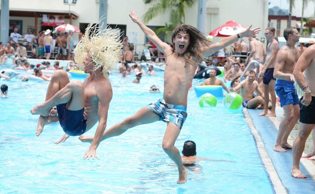 Pictured at Lismore Memorial Baths for the Tropical Fruits Pool Party are from left Sydney visitors Gareth Rowe and Darren Prendergast. Pictured at Lismore Memorial Baths for the Tropical Fruits Pool Party are from left Sydney visitors Gareth Rowe and Darren Prendergast.